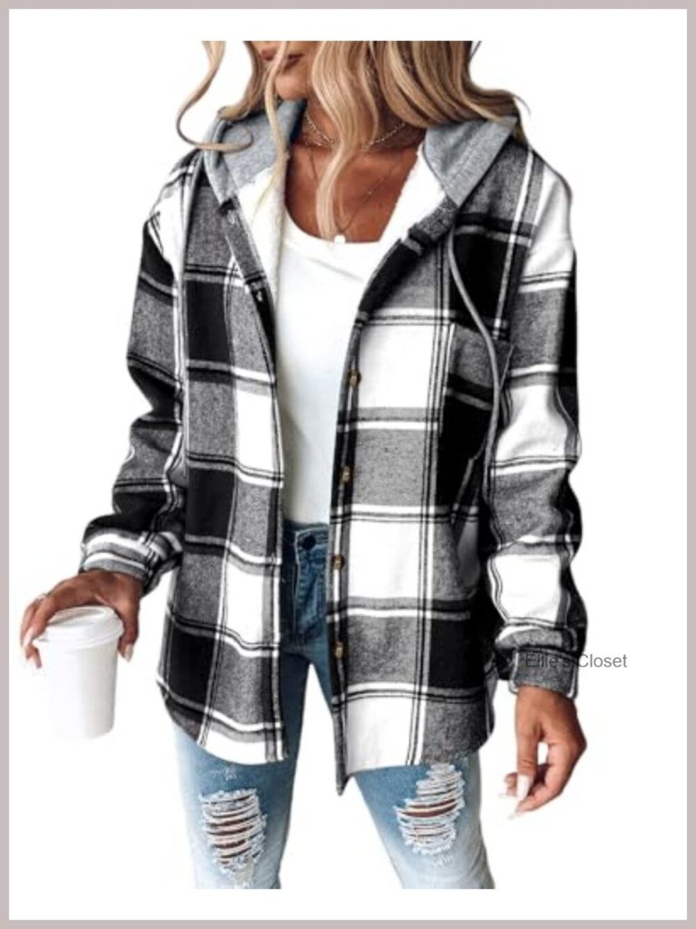 Plaid Fleece Lined Shacket Hooded Button Down Casual Jacket